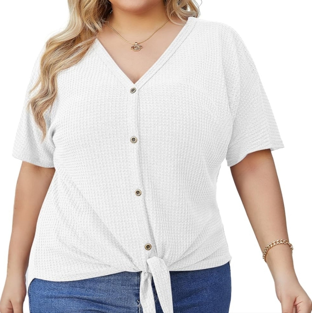 Olrik White Waffle Knit Blouse with Tie Front